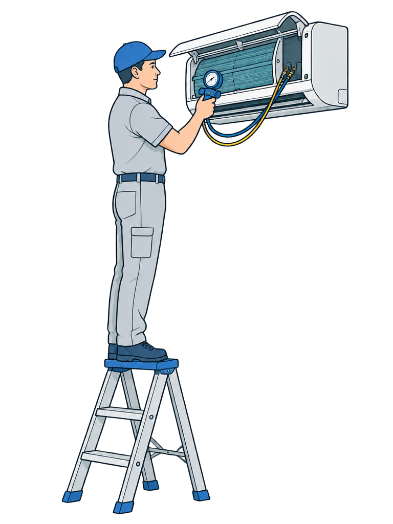 Profissional em escada realizando manutenção de ar-condicionado — ilustração